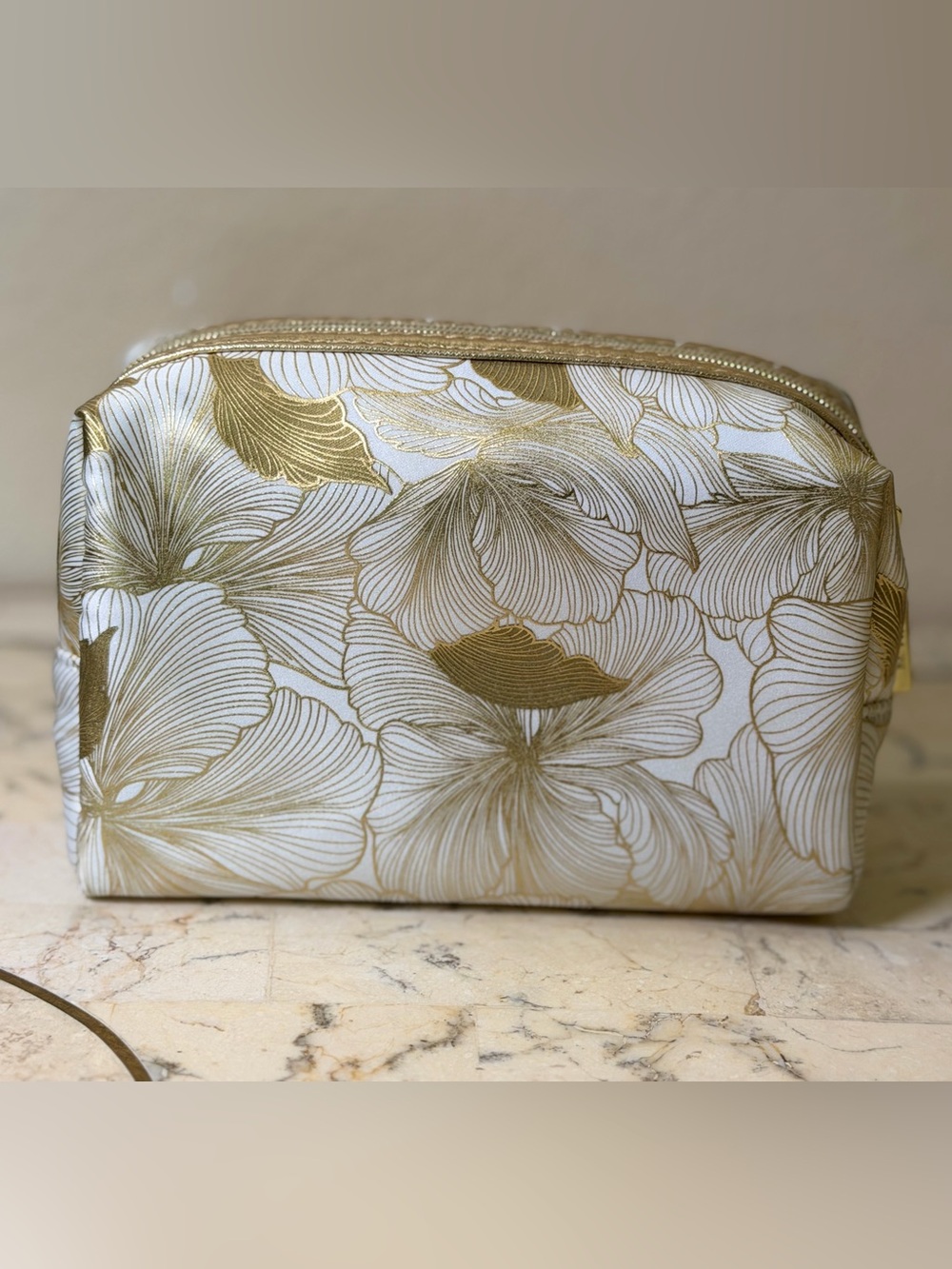 Gold and White Floral Cosmetic Pouch